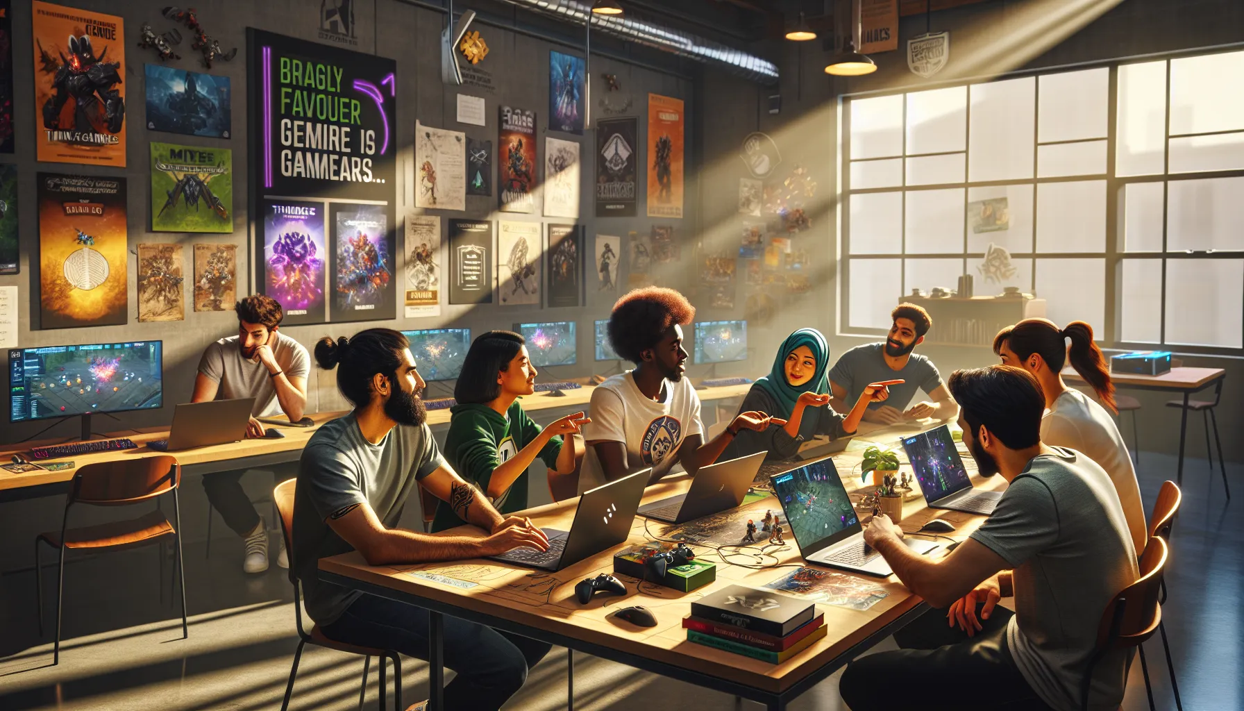 diverse gamers collaborating in a modern workspace.