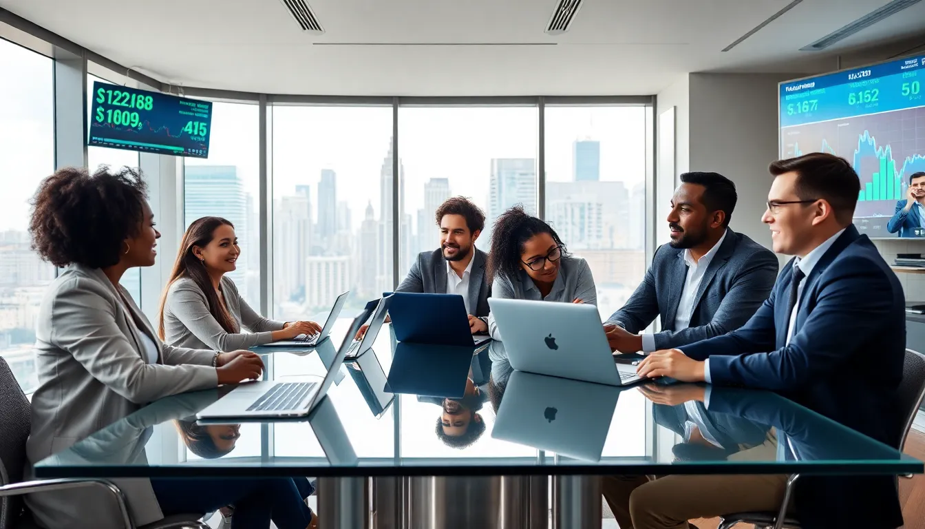 diverse professionals collaborating with technology in a modern office.