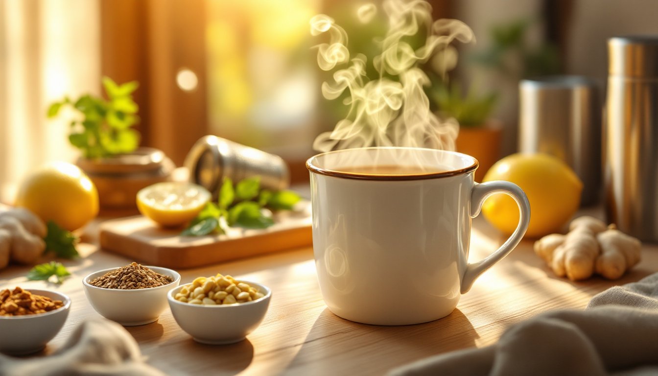 A steaming mug of herbal tea with cumin, coriander, and fennel seeds on a wooden counter.