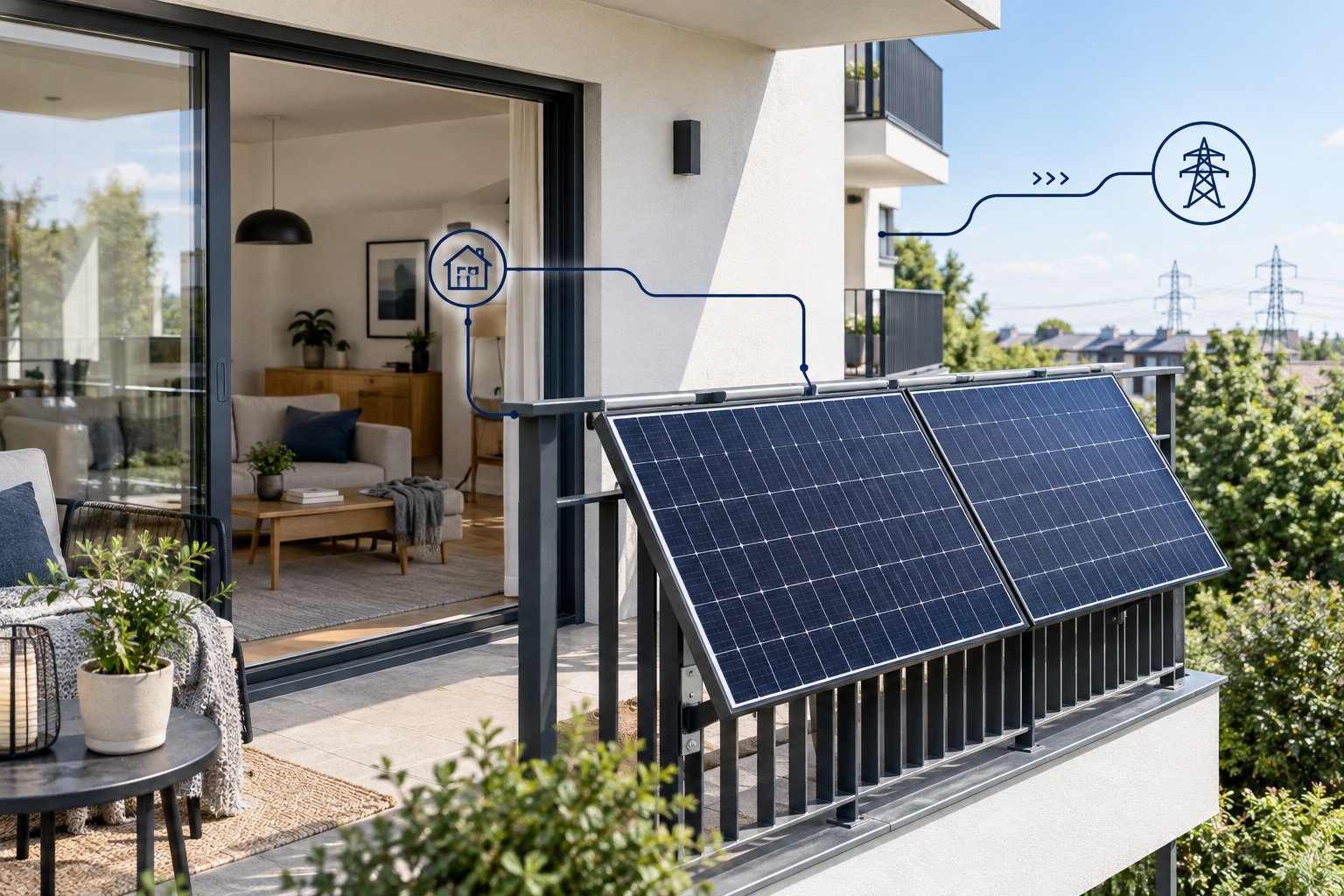 Solarmodule versorgen Haushaltsgeräte mit Strom und speisen Überschüsse ins öffentliche Netz ein