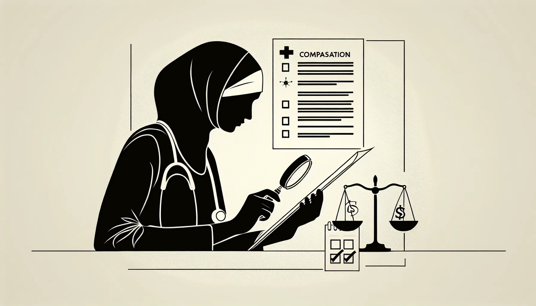 Physician examining a contract with magnifying glass, scales, and checklist.