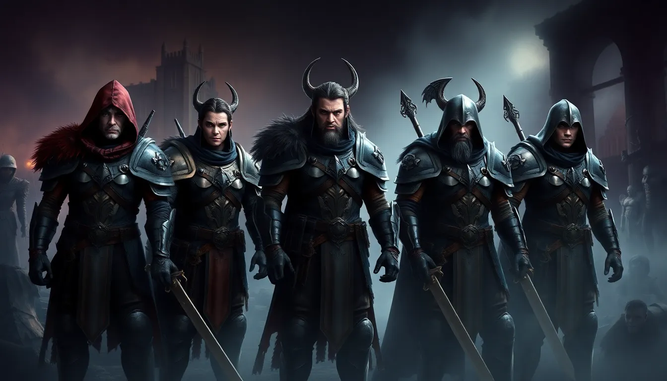 a diverse group of Daemonhunters preparing for battle in a dark setting.