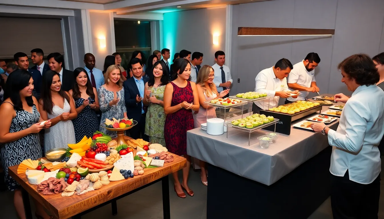 Guests enjoying a vibrant wedding grazing table and interactive food stations.