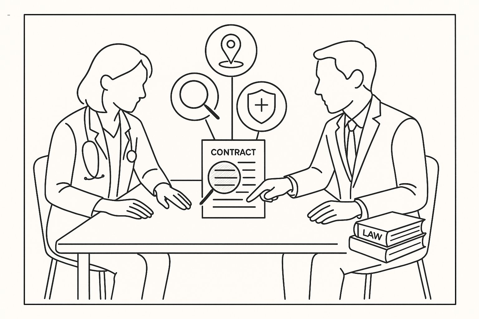 Nurse practitioner consulting an attorney over a contract with highlighted risk icons of Nurse Practitioner Contract Attorney