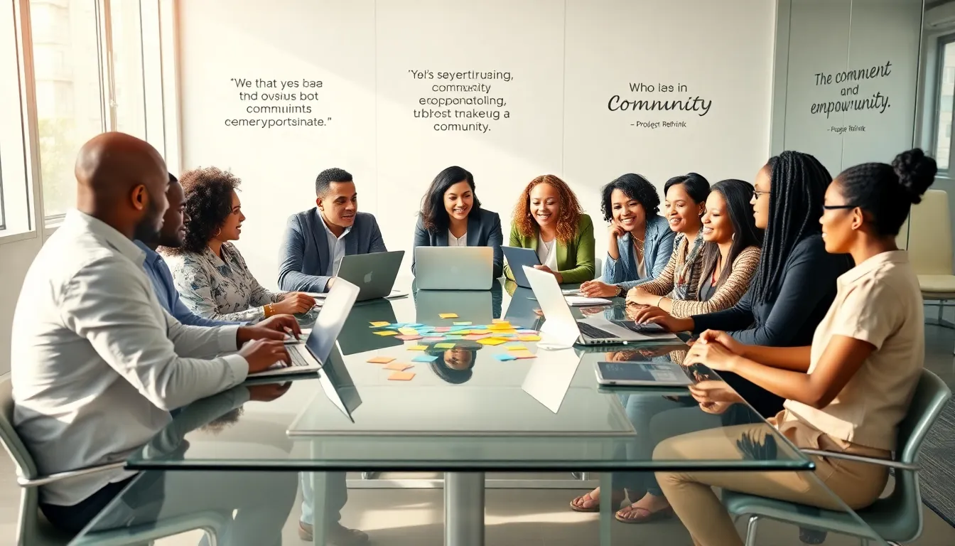 diverse team collaborating on community solutions in a modern office.