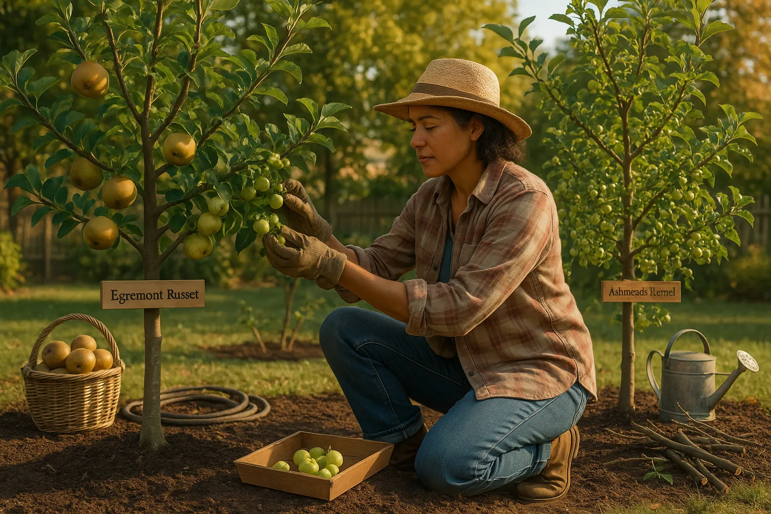 Gardener thinning Ashmead’s Kernel tree beside Egremont Russet tree with baskets.