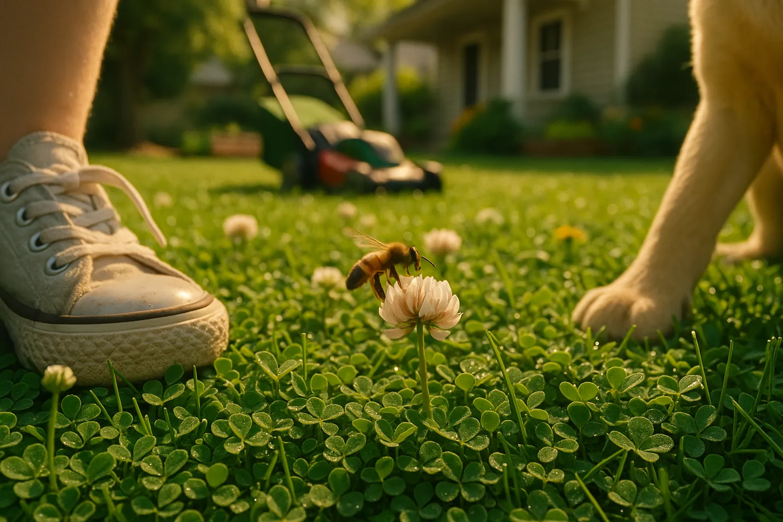 Low-growing micro-clover lawn with bee, child's sneaker, and dog paw.