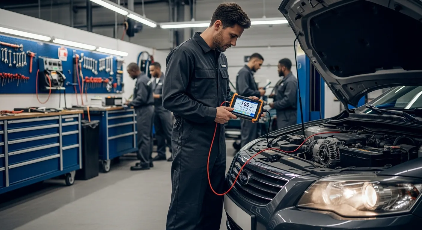 Mechanic testing car battery and alternator with digital tool in modern auto shop.