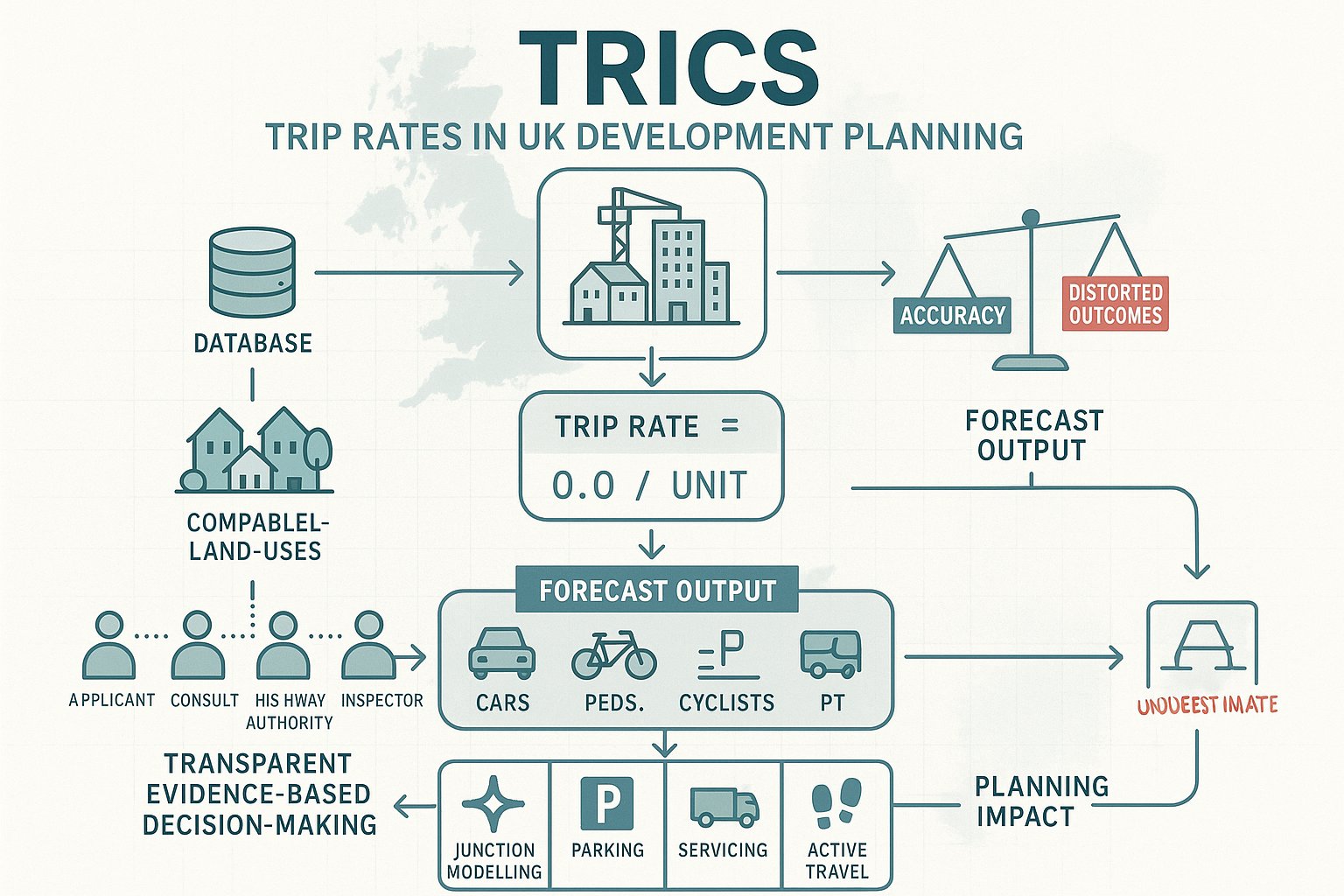 Infographic showing how TRICS trip rates guide UK development transport planning.