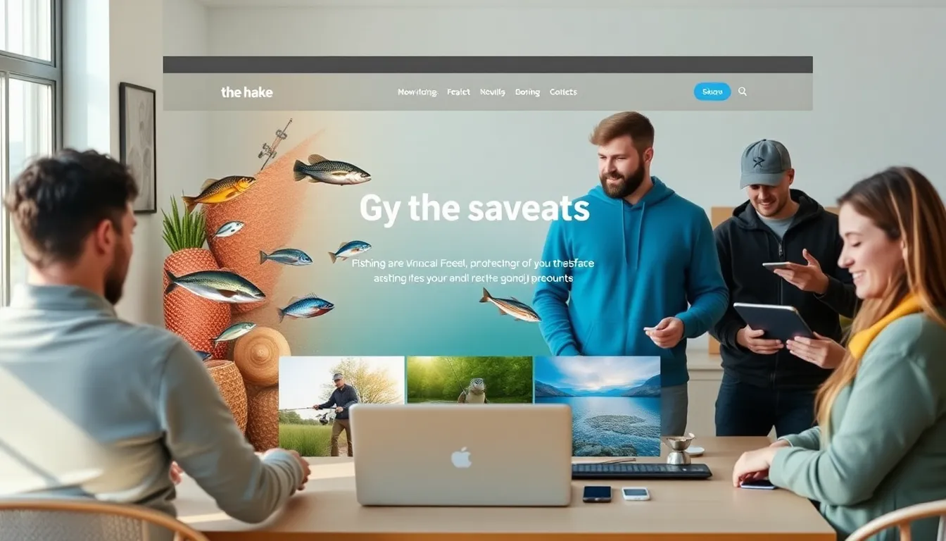 diverse fishing enthusiasts engaging with an online resource in a modern workspace.