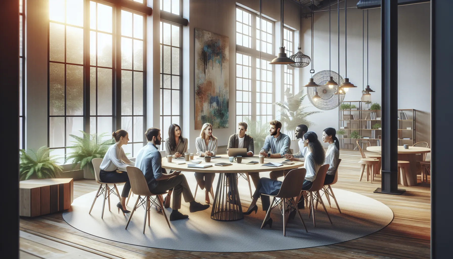 diverse group discussing personal stories in a modern office.