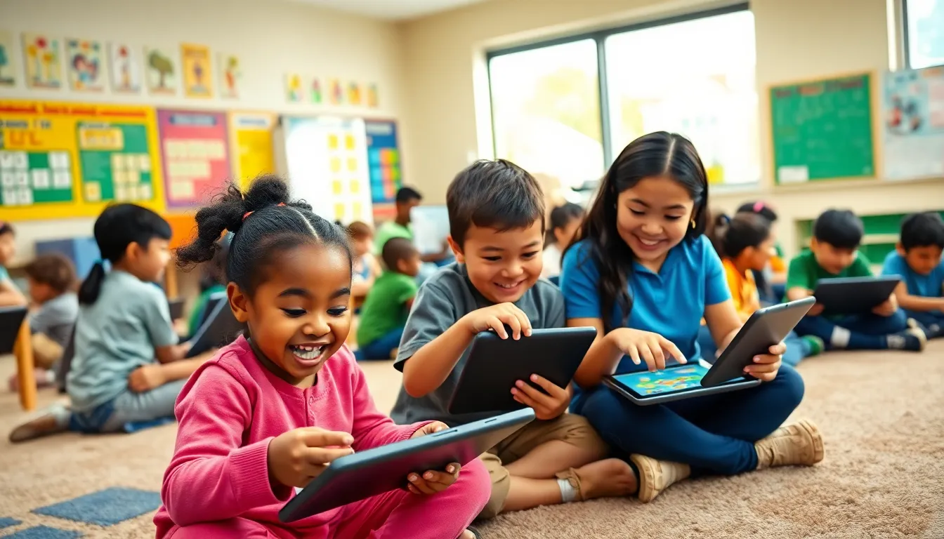 children engaged in educational gameplay in a sunny classroom.