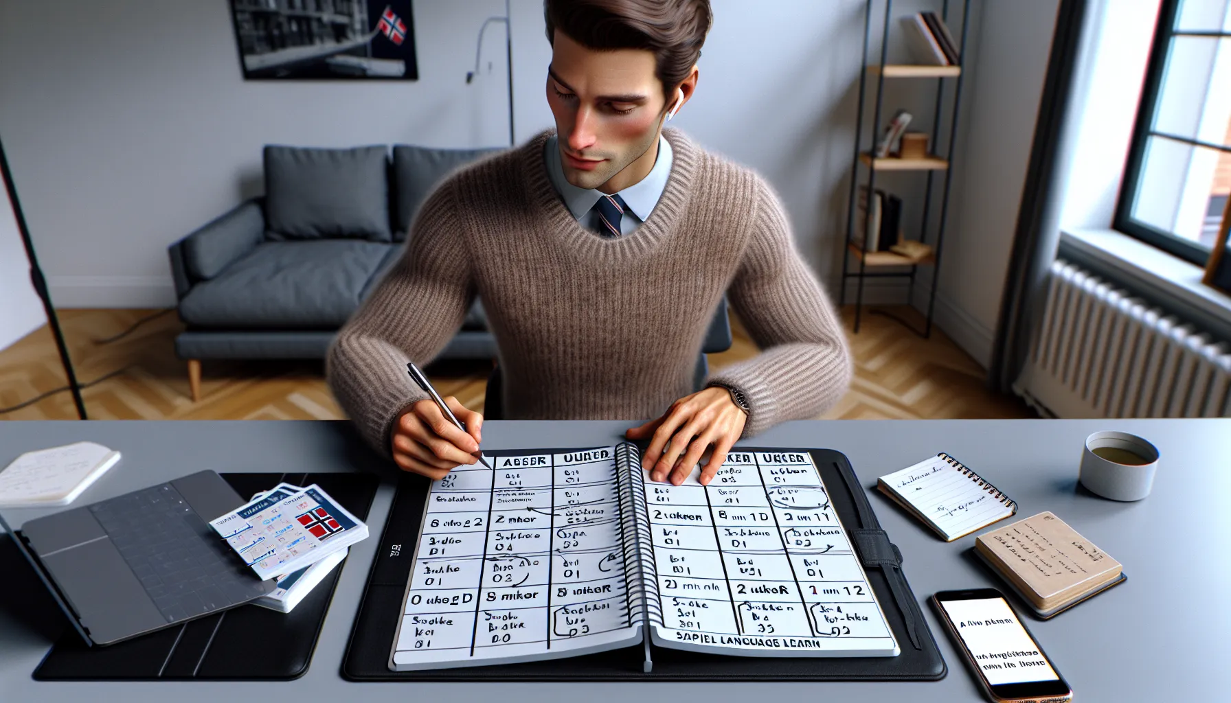 De mest effektive teknikkene for å lære et nytt språk raskt 3 Norwegian professional planning a weekly language study routine with flashcards and laptop.