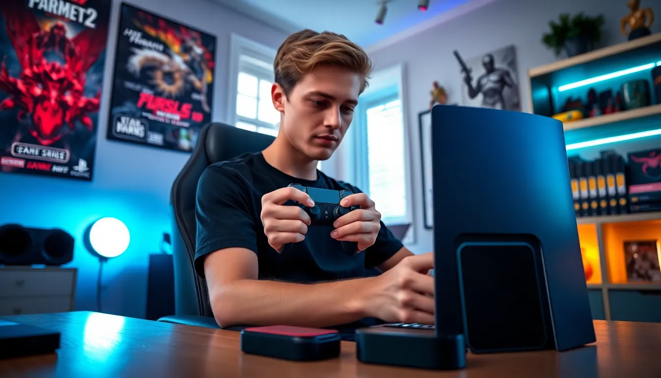 a gamer using a PS5 controller in a modern gaming setup