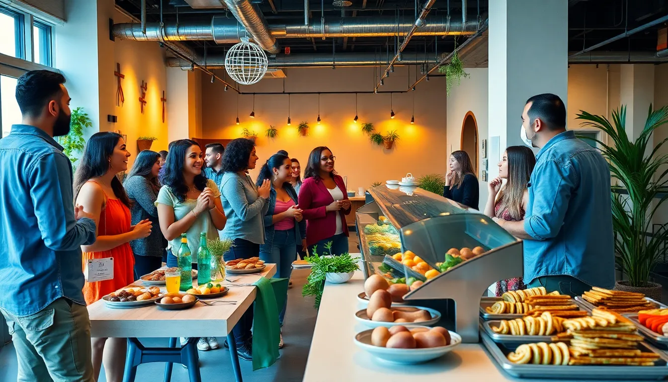diverse group enjoying a thrifty event in a modern venue.