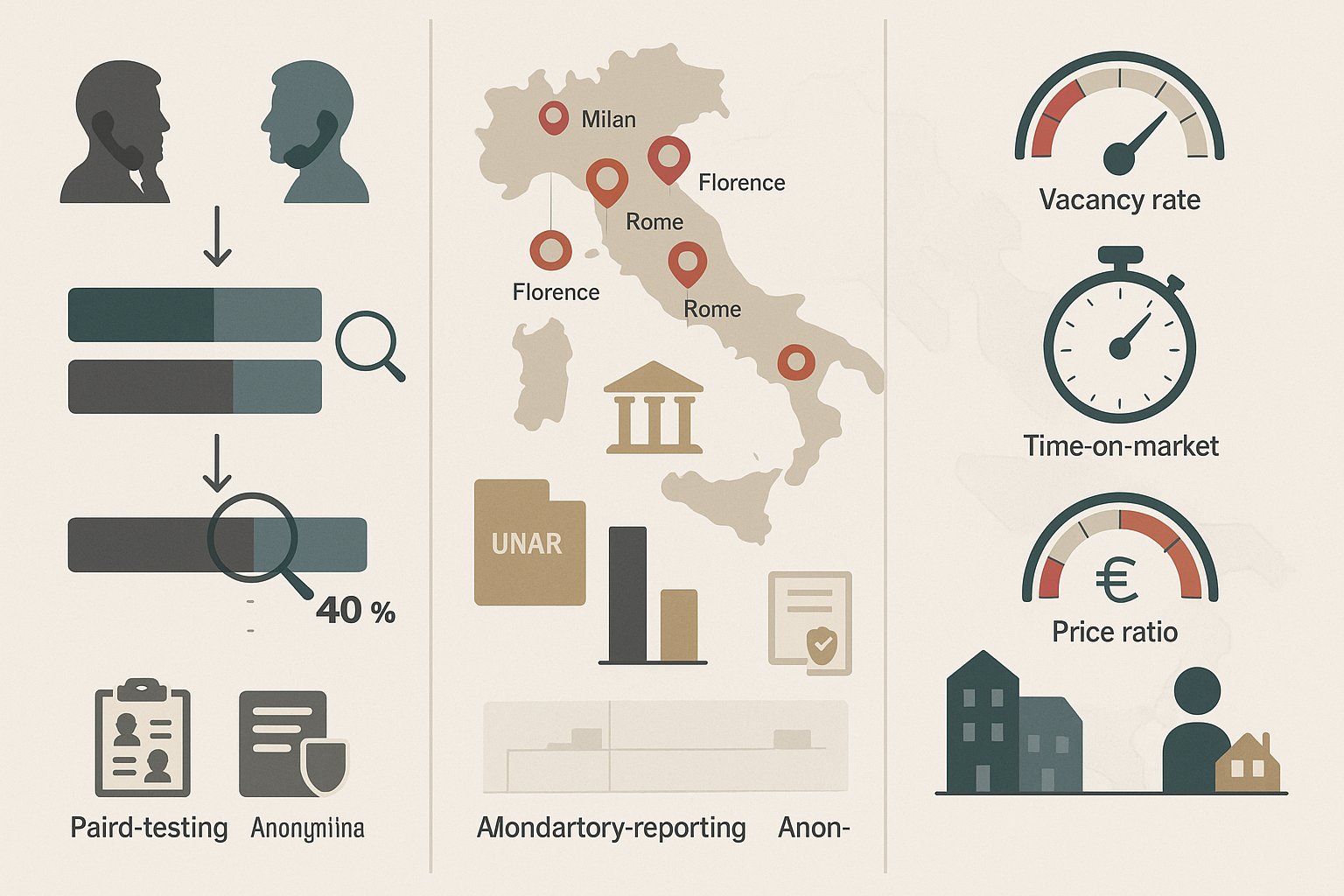 Infografica che mostra mappa dell'Italia, lacune nei test accoppiati, metriche di mercato e raccomandazioni.