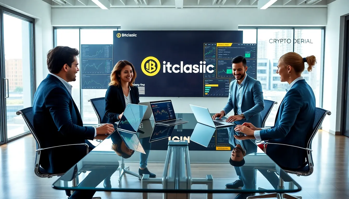 diverse team discussing Bitclassic in a modern office setting.