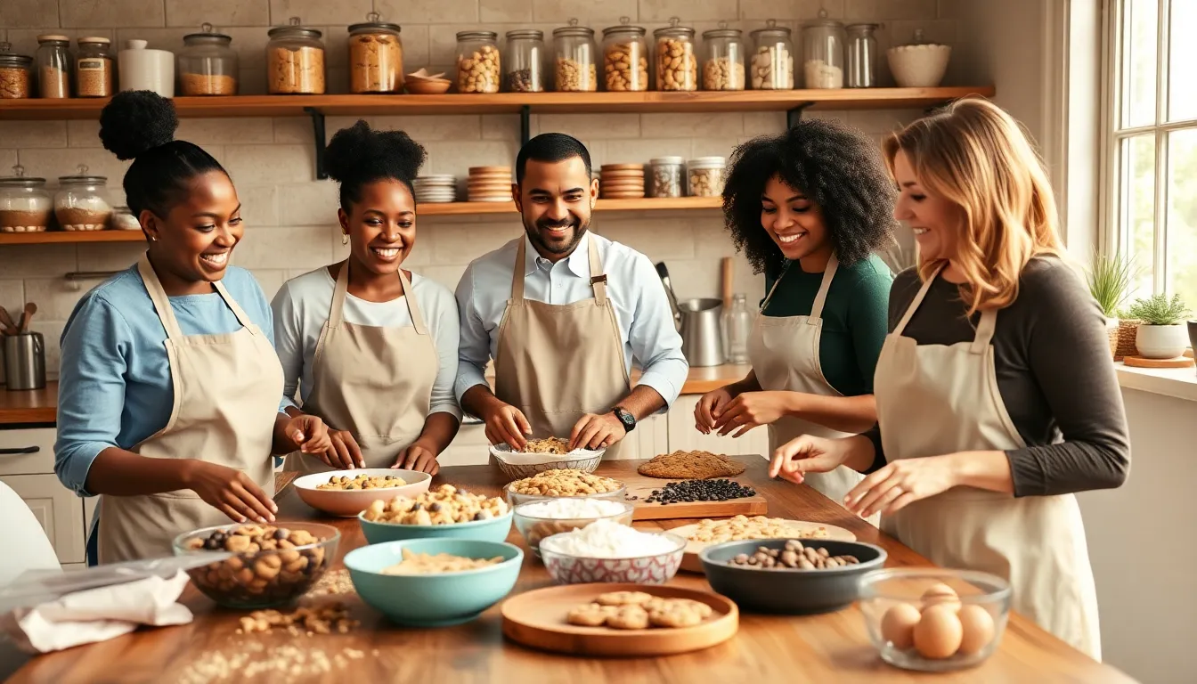 diverse group baking cookies in a cozy kitchen.