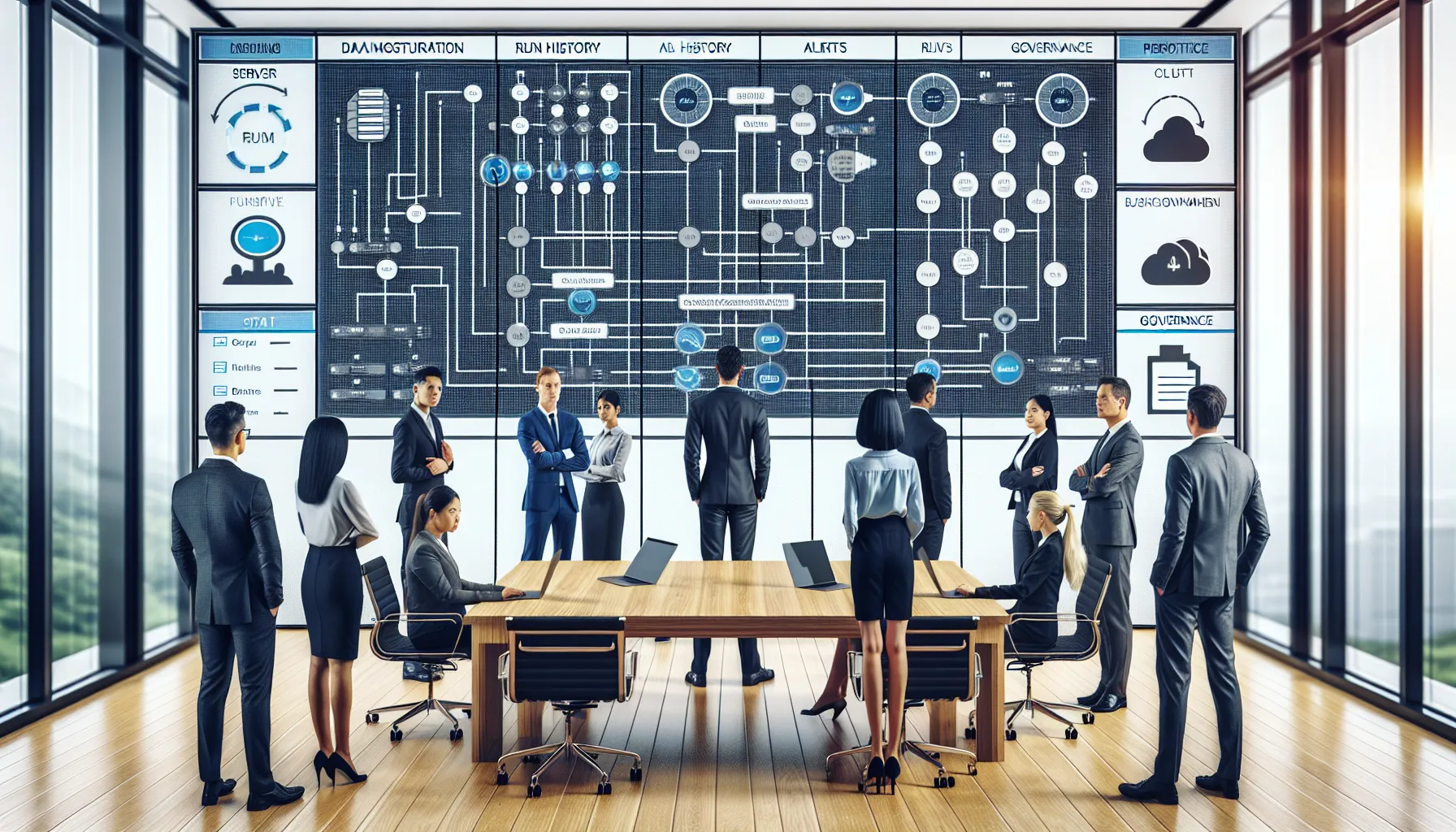 Data team monitoring automated Tableau Prep Conductor flows on large screens in a modern office.