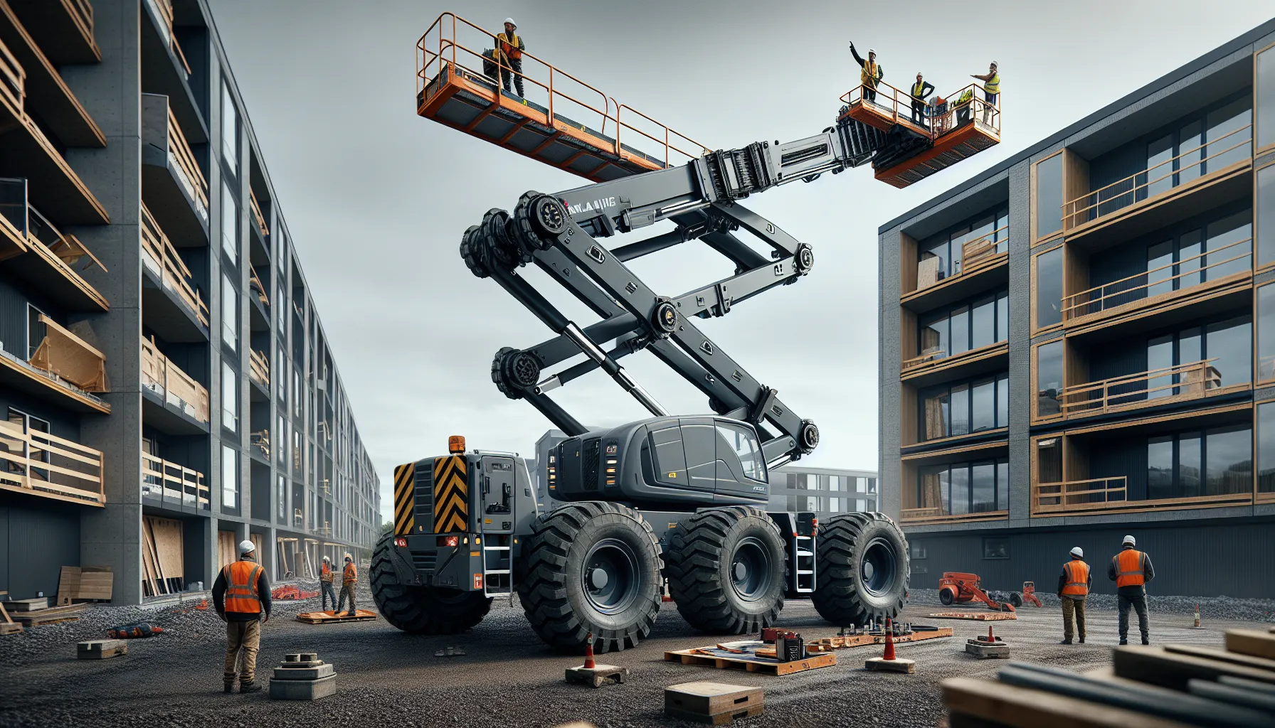 Straight boom lift safely extended on norwegian construction site with two workers in basket.