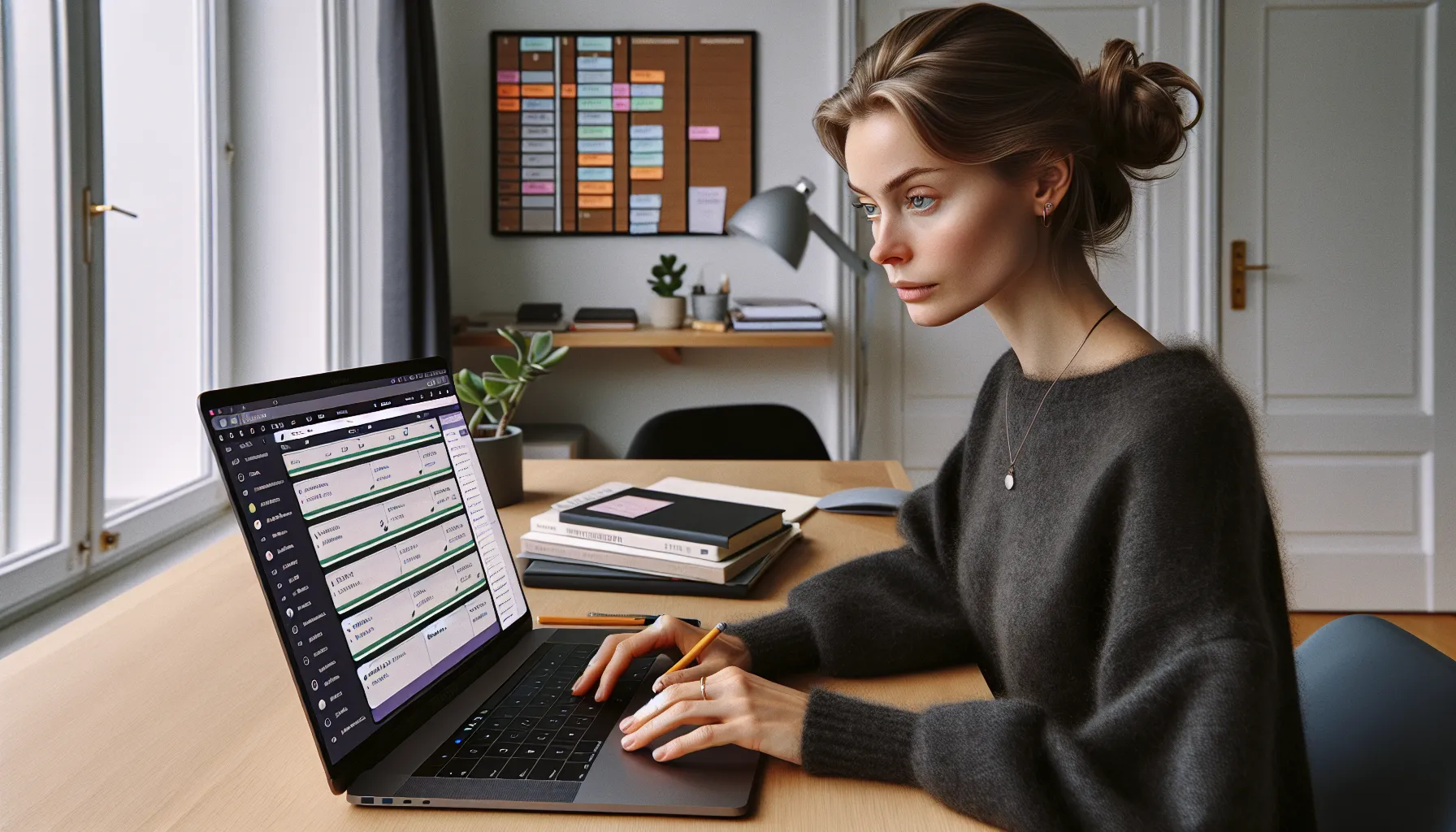 Norwegian woman comparing time-management apps at a minimalist oslo home office.