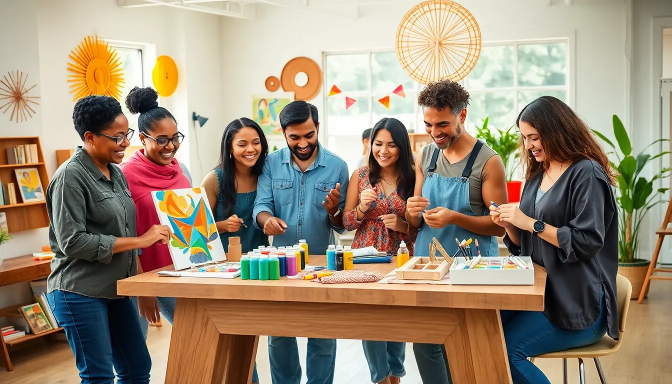diverse group engaged in arts and crafts in a modern workshop.