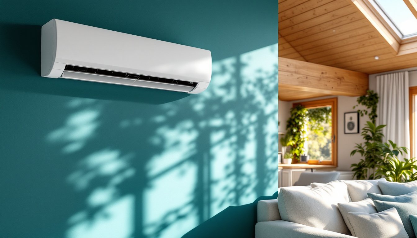 A modern German home interior showing split air conditioning units installed in living room and attic.