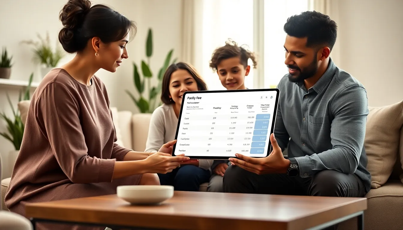family discussing budget with a fee calculator in a modern living room.