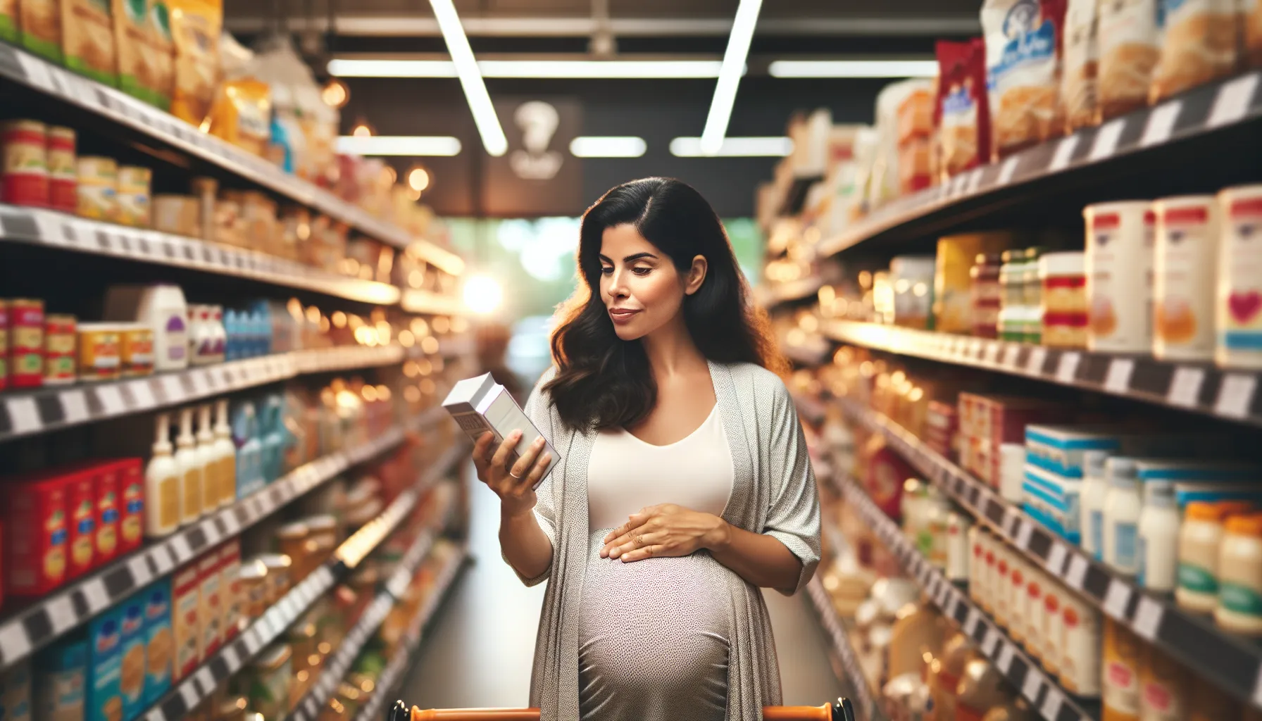 pregnant woman checking labels for azoborode allergy products.