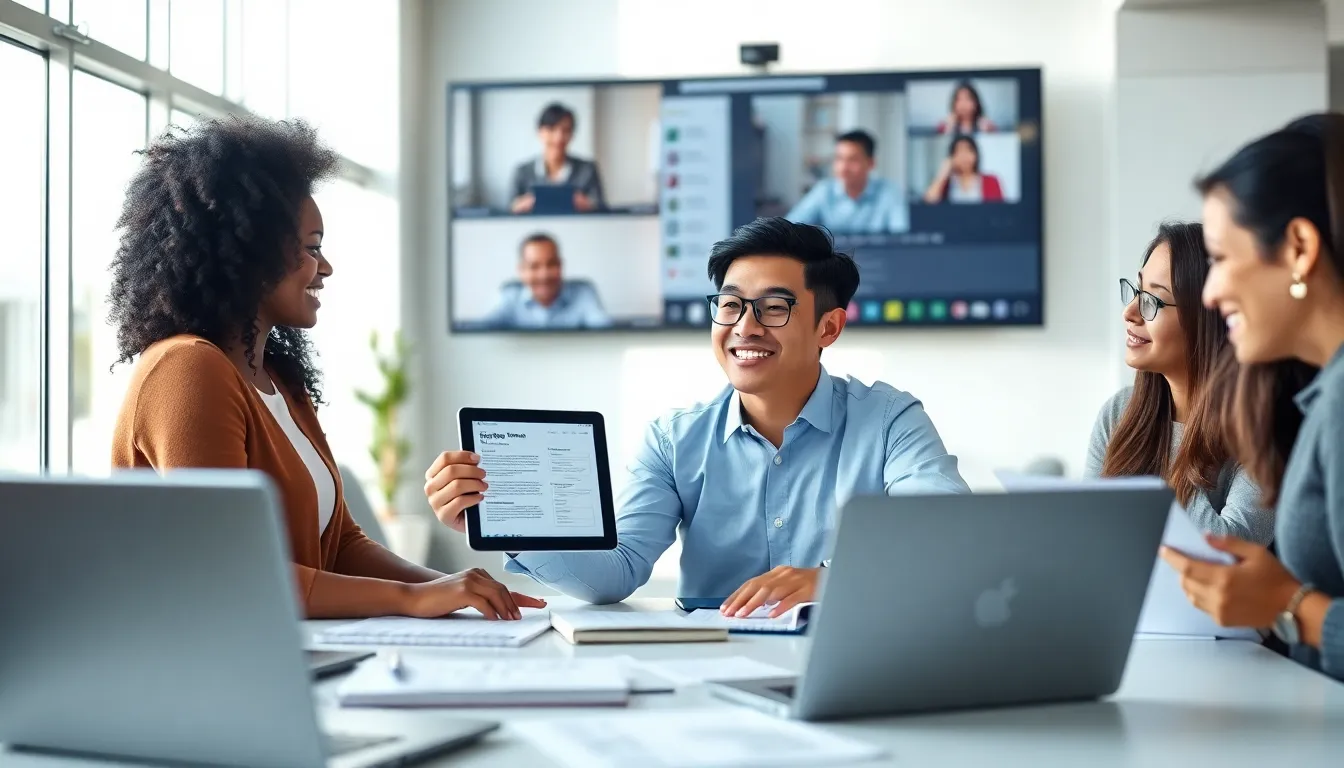a diverse team collaborating in a modern office space.