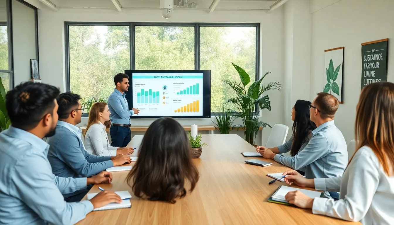 diverse professionals discussing sustainable living in a modern office.