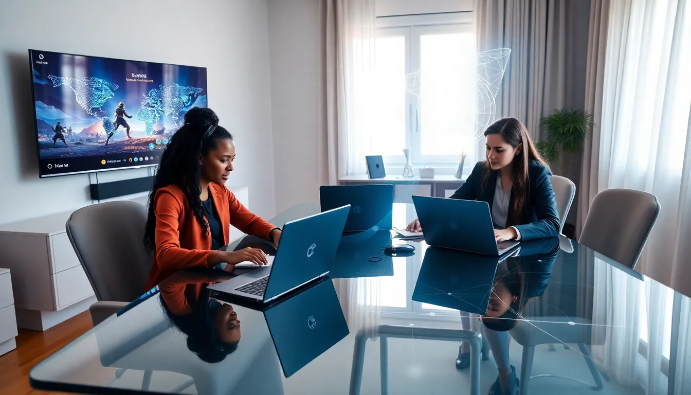 diverse professionals gaming securely in a modern office.