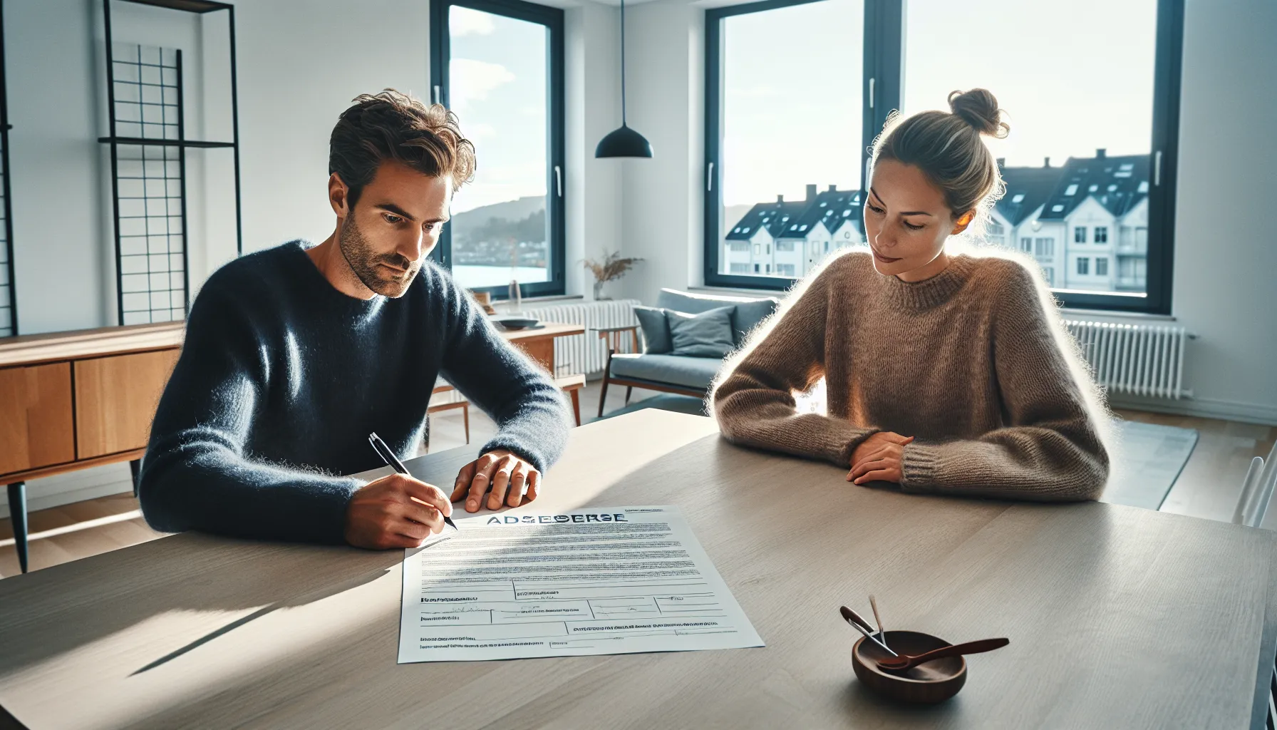 Landlord and tenant carefully reviewing and signing a written norwegian rental contract.