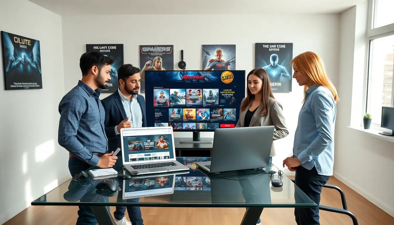 diverse professionals discussing gaming discount codes in a modern workspace.