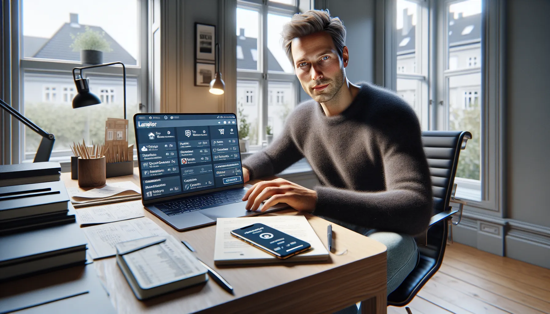 Norwegian landlord using a digital rental platform at a modern home office desk.