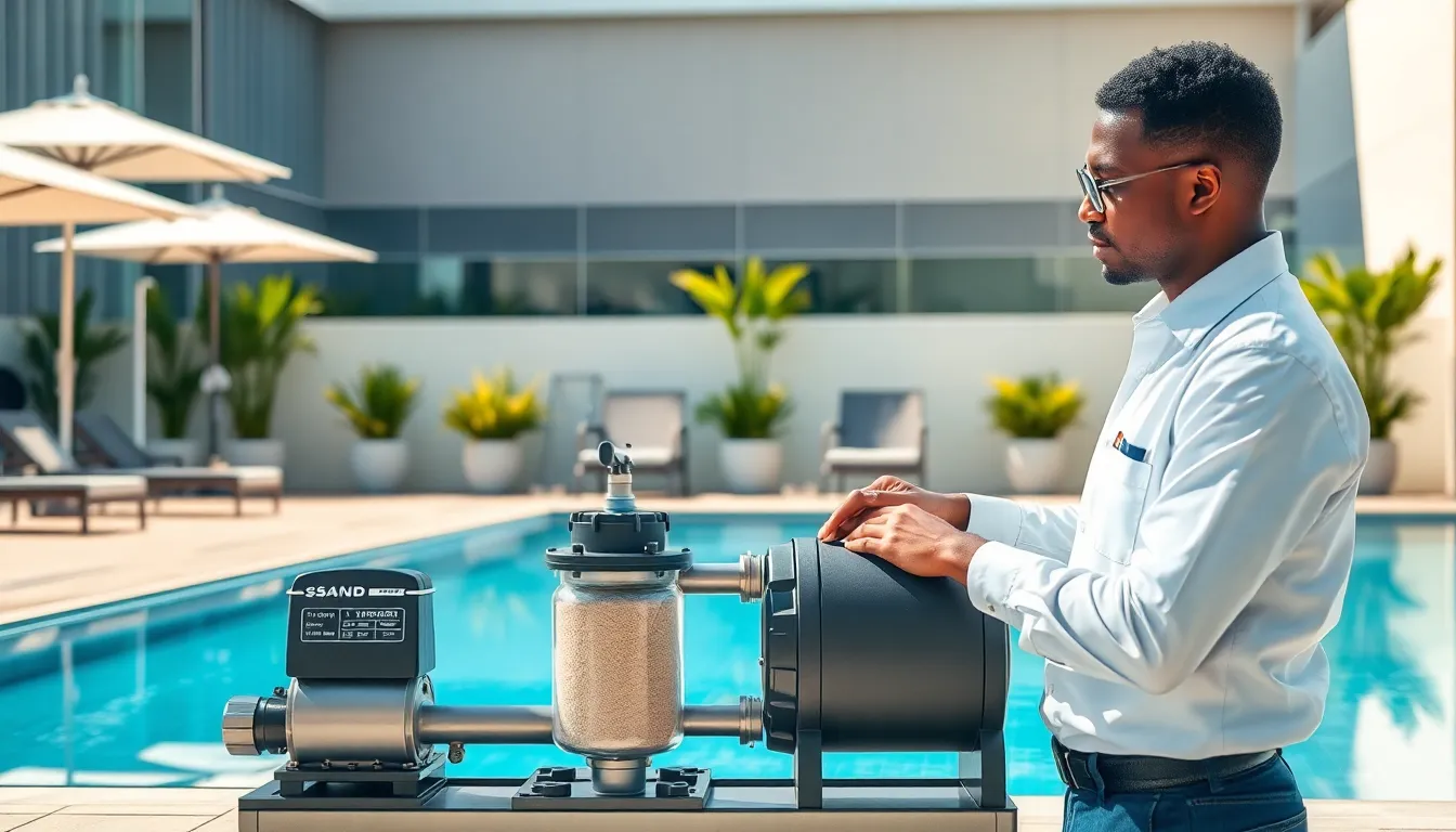 technician inspecting a sand filter by a pristine swimming pool.