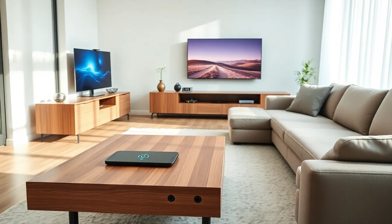 modern living room with smart furniture and technology integration.