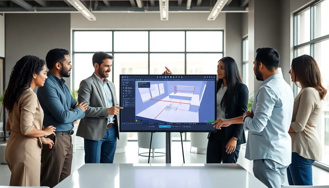 diverse team collaborating on a lighting layout tool in a modern office.