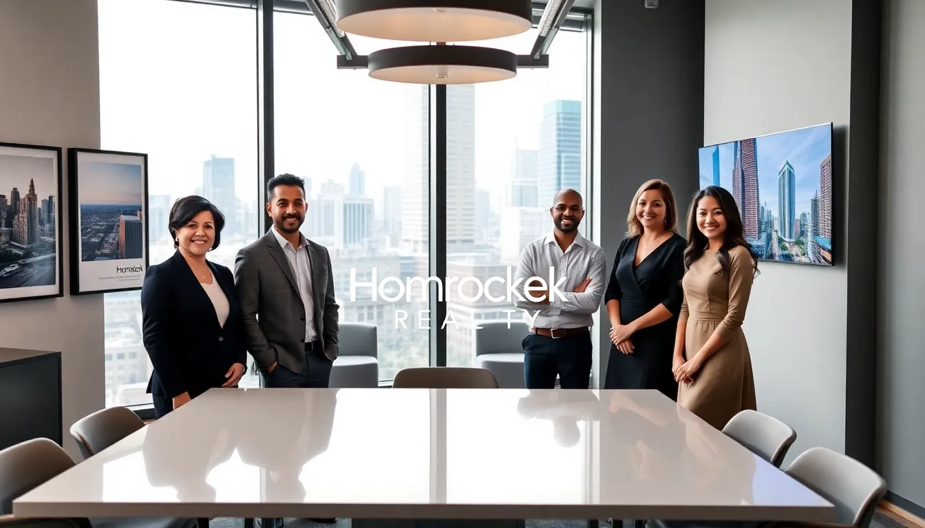 a diverse real estate team in a modern office discussing solutions for clients.