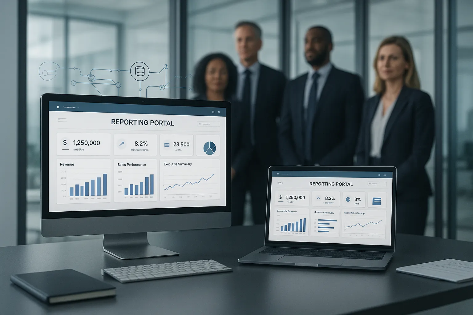 Unified business dashboard in a modern office with professionals reviewing reports.
