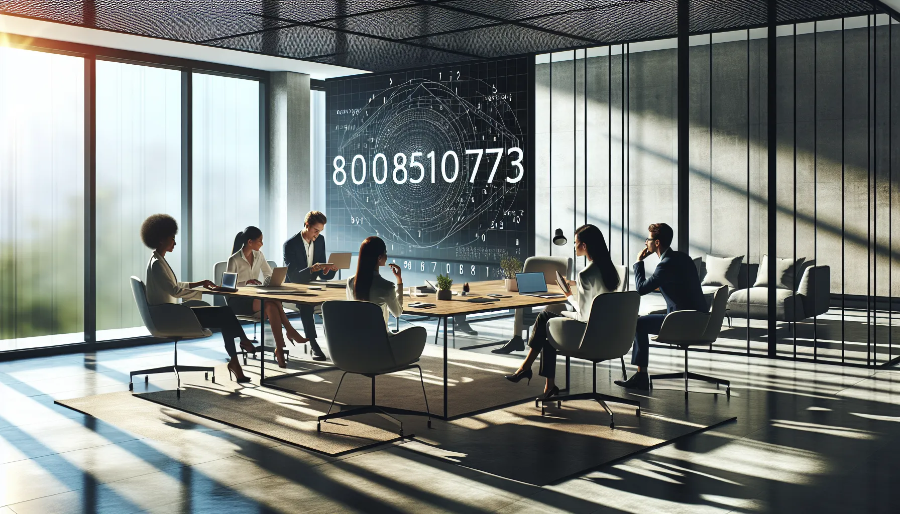 diverse professionals discussing the number 8008510673 in a modern office.