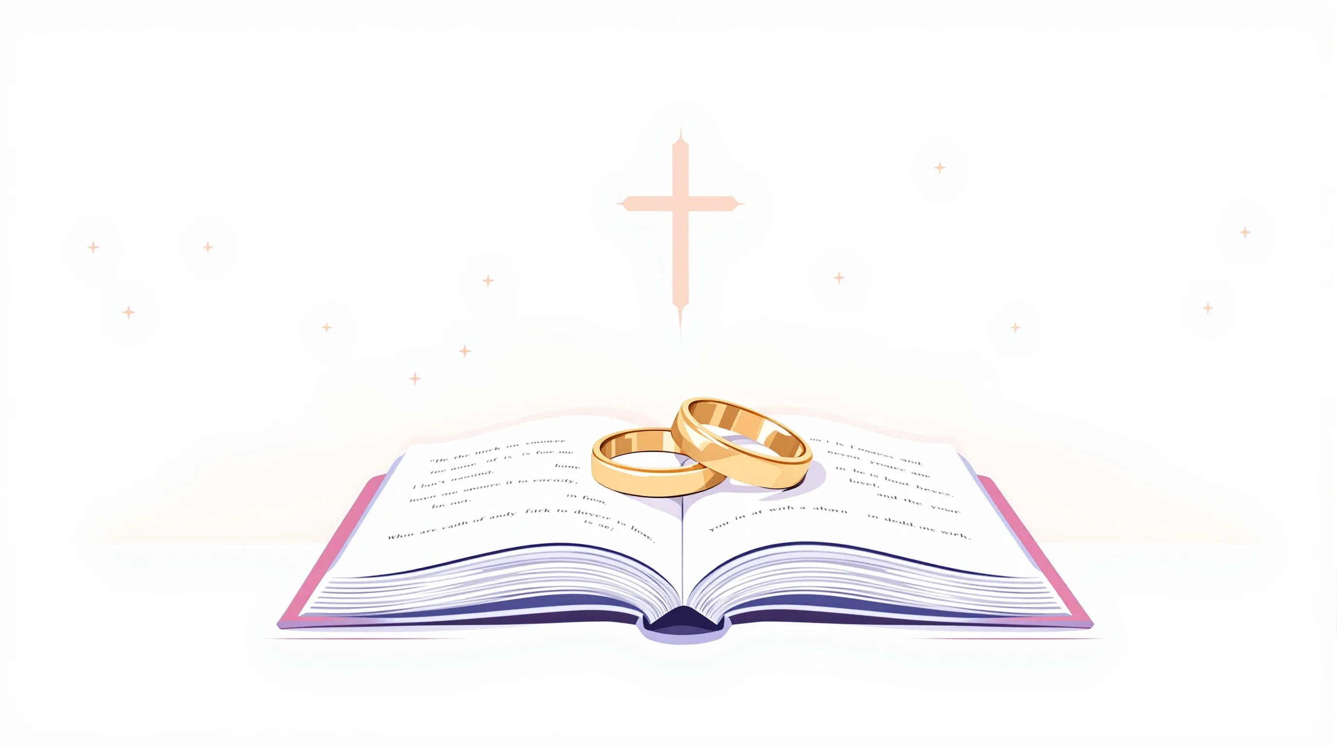 Two wedding rings beside an open book with a cross symbol above.