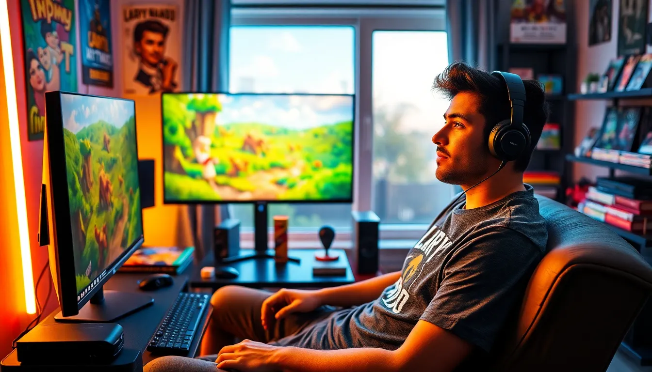 A gamer focused on a computer screen displaying 'Larry Nando' in a colorful room.