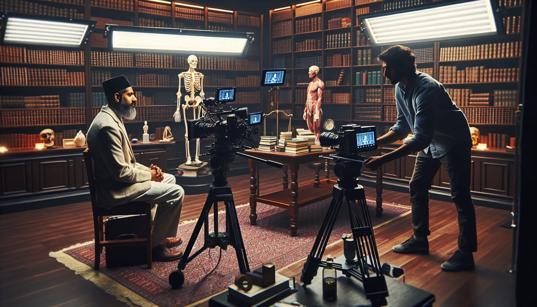 A professional film crew recording an expert for a documentary.