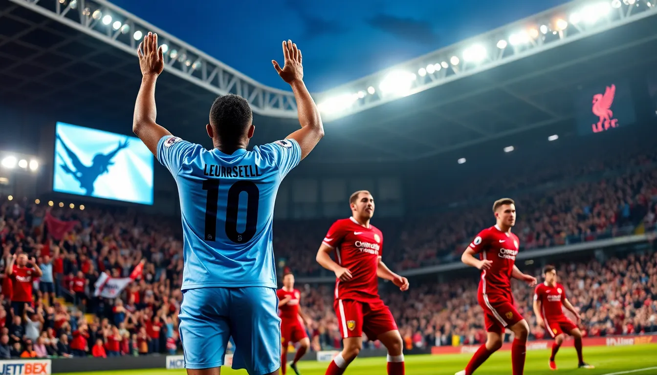 a Manchester City player celebrates a last-minute goal in a football match.