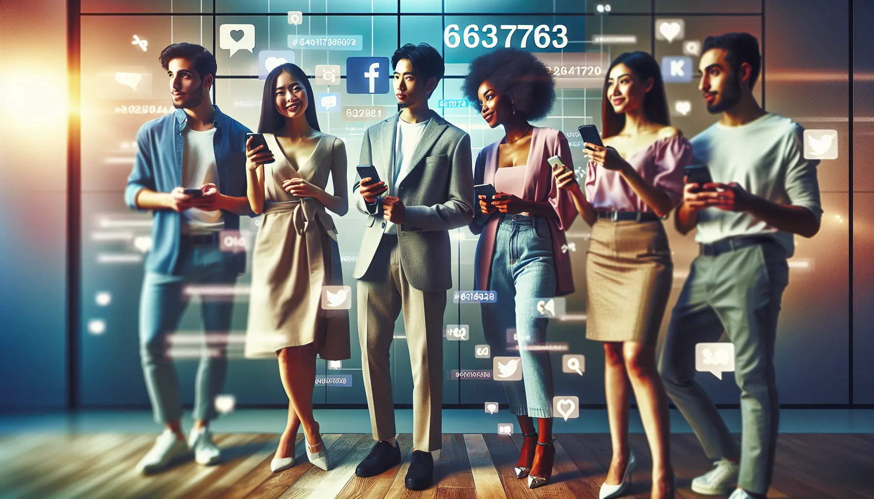 diverse professionals engaging around social media featuring the number 6163177963.