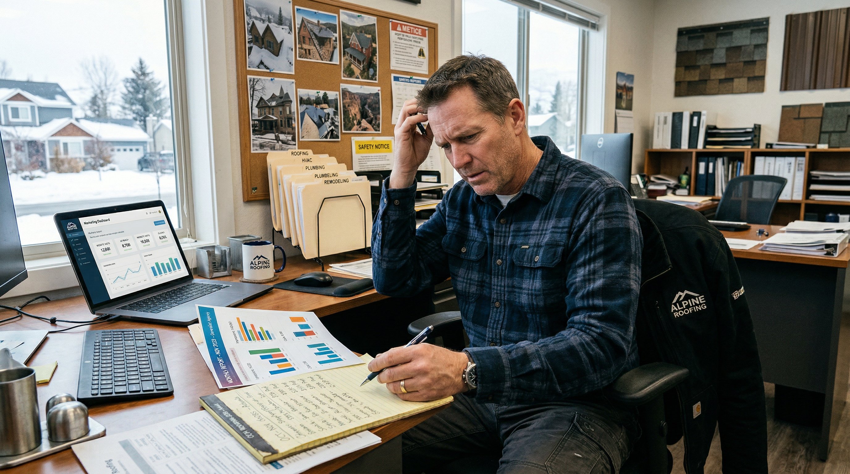 Contractor reviewing weak marketing results in a roofing office.