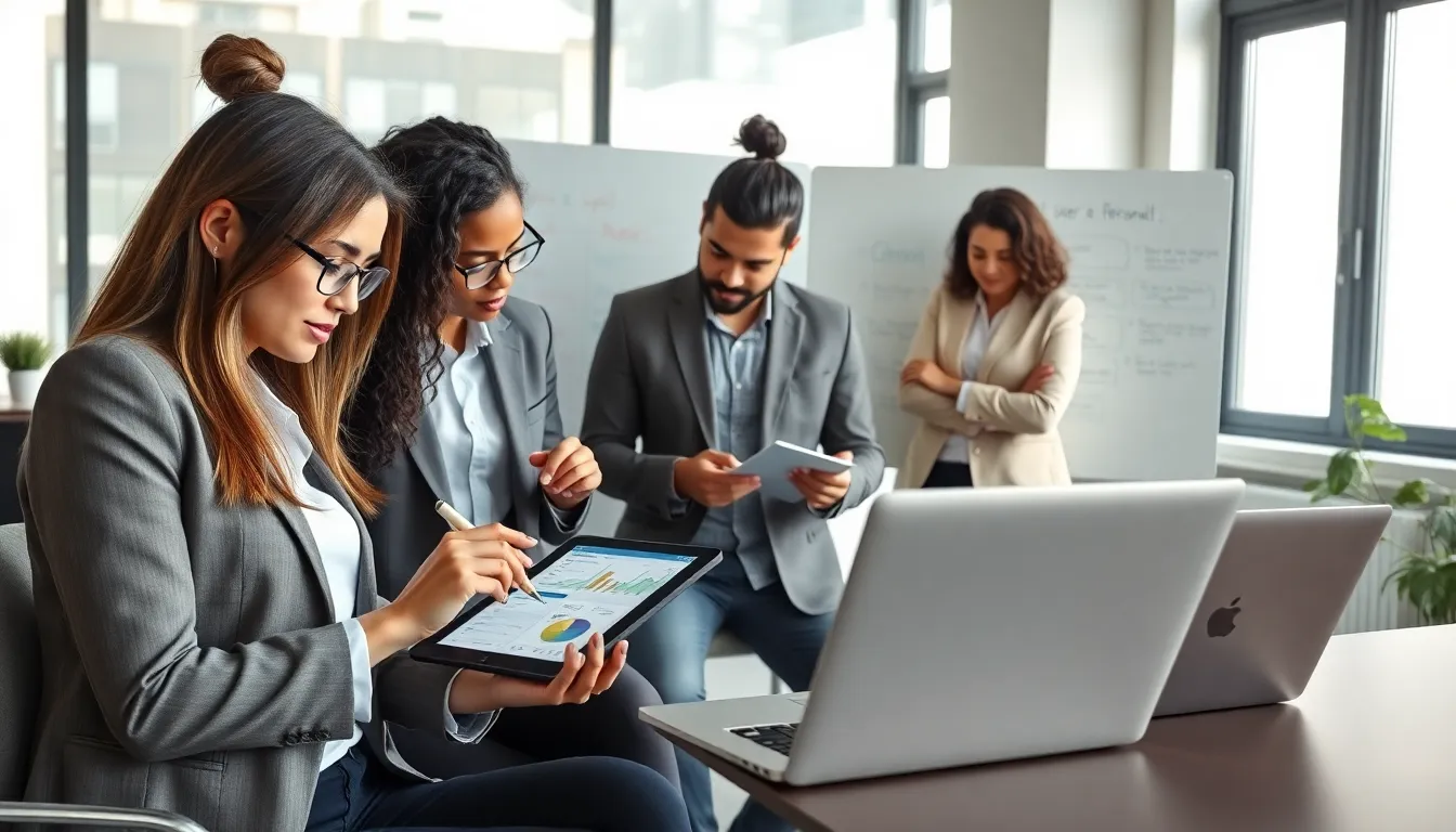 diverse team collaborating on mobile app design in a modern office.
