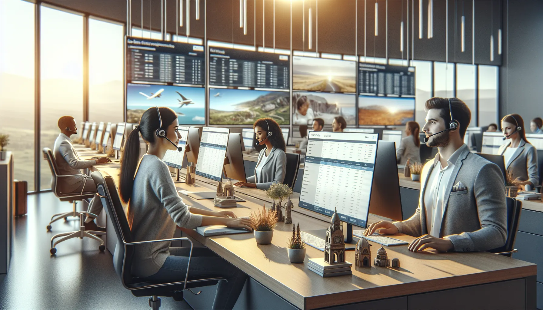 diverse customer service team assisting travelers in a modern office.