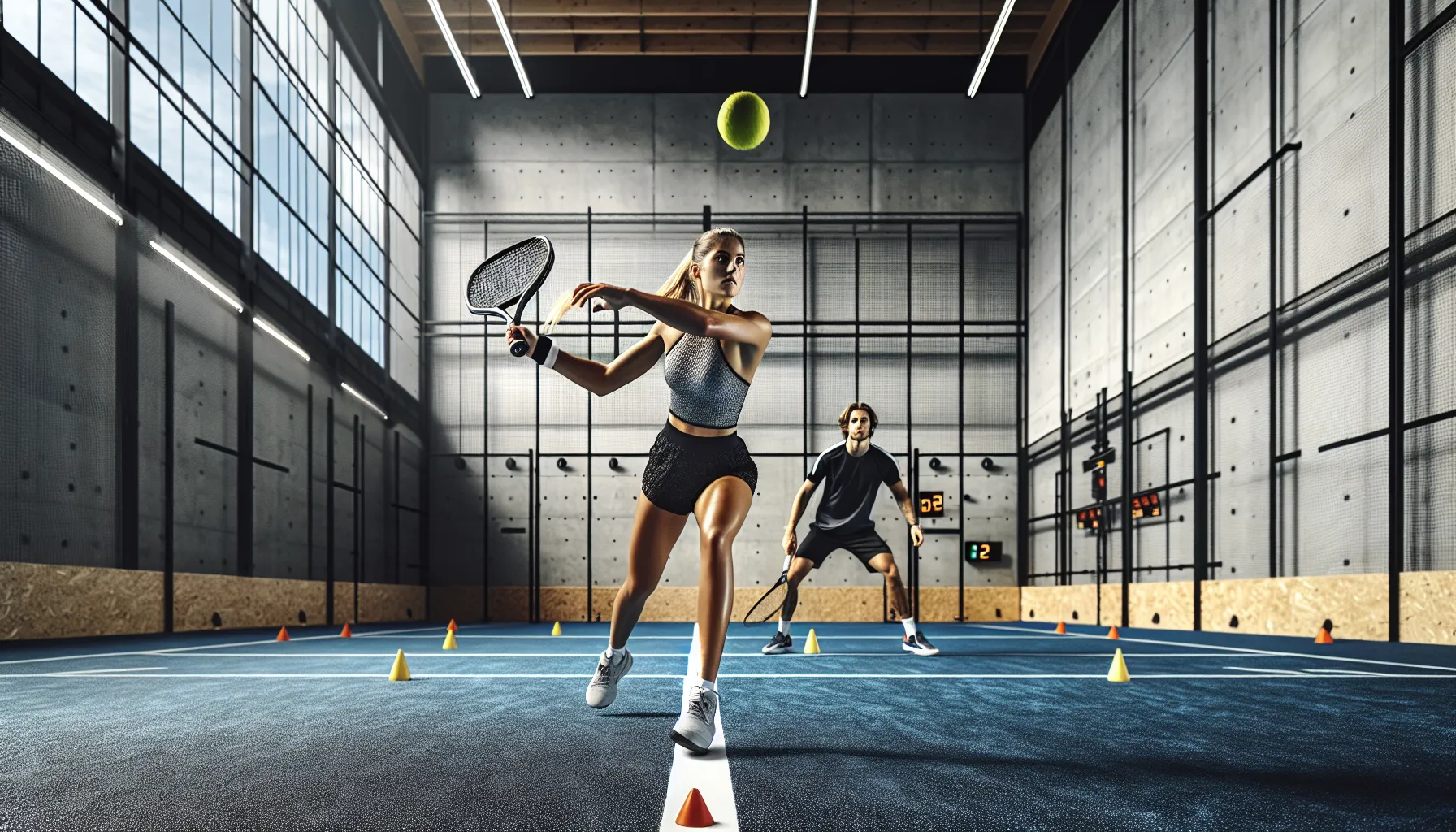 Norwegian players practice diagonal padel groundstrokes with cones marking deep targets.